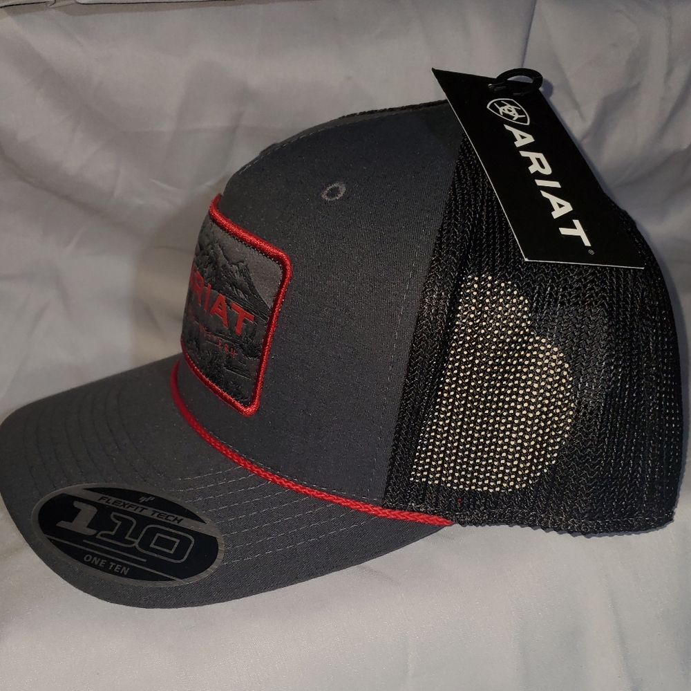 Ariat Hat. (New) charcoal face,  Black mesh back, with red patch. Snap back.
